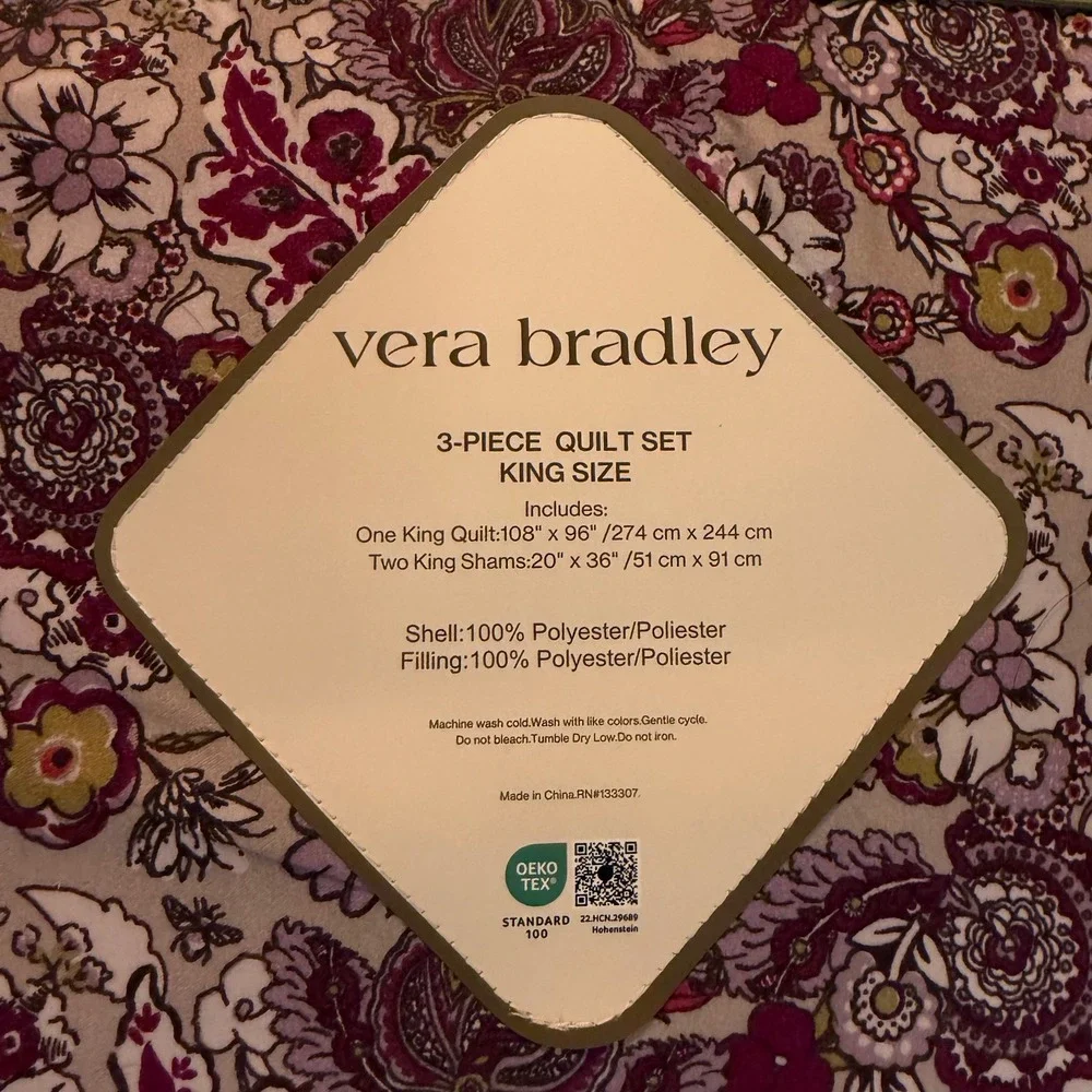 Vera Bradley Quilt Set King Lavender Plum Floral 3-Piece Reversible Bedding